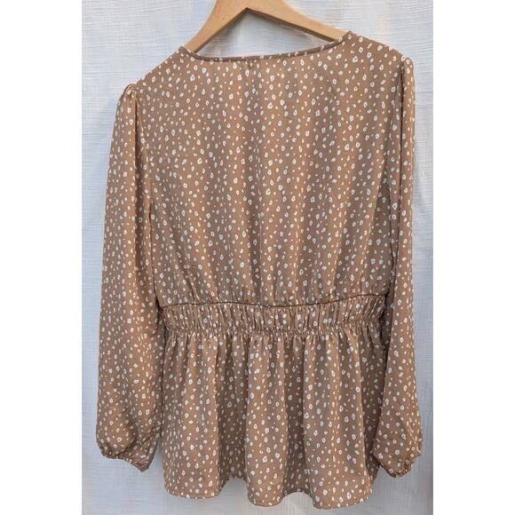 Pleione Women's Front Twist Tunic Blouse Sz Large Brown Polka Dot Balloon Sleeve - Picture 4 of 8